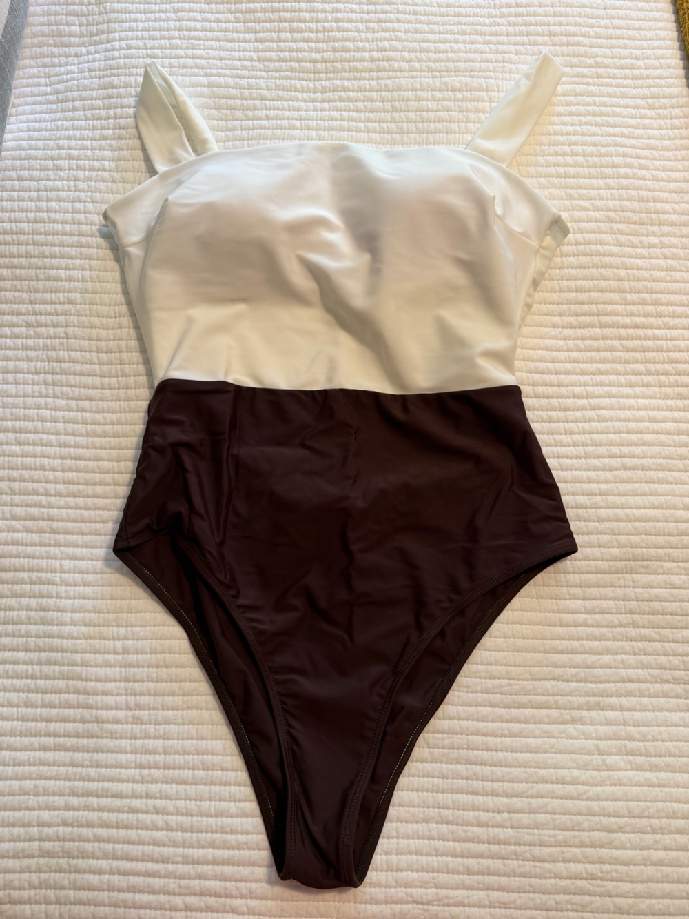 SHEIN White and Dark Brown Colorblock One-Piece Swimsuit